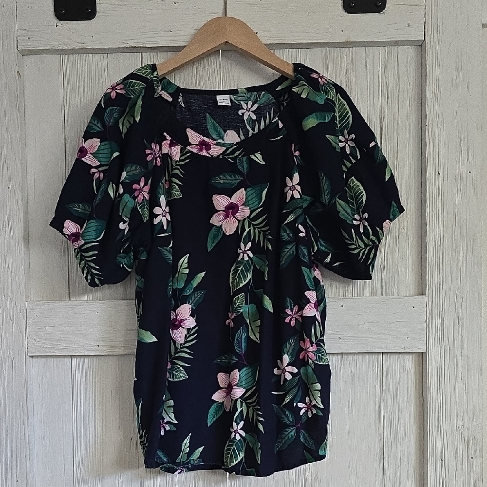 Floral Print Women's Top - Navy Blue and Pink